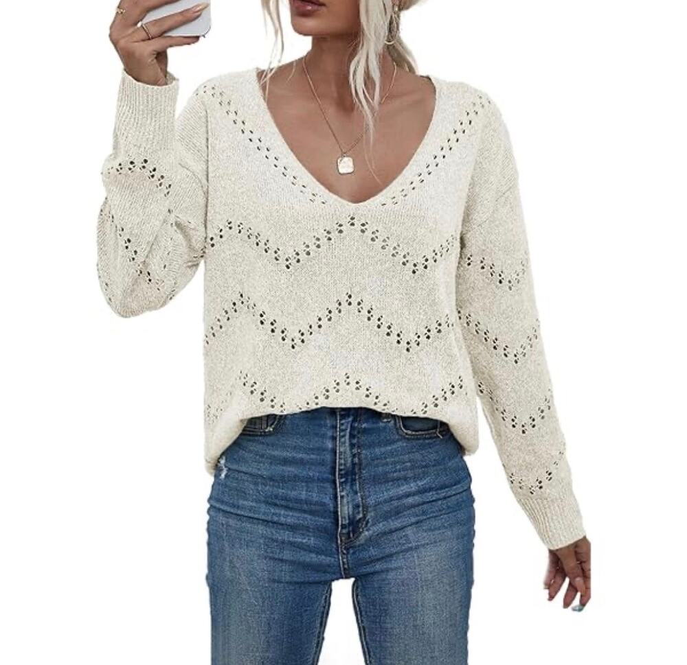 Cable Knit Ivory Women's Sweater V Neck Medium